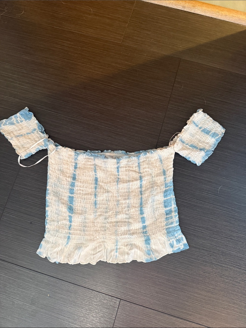 Smocked Off-Shoulder Crop Top in White with Light Blue Stripes